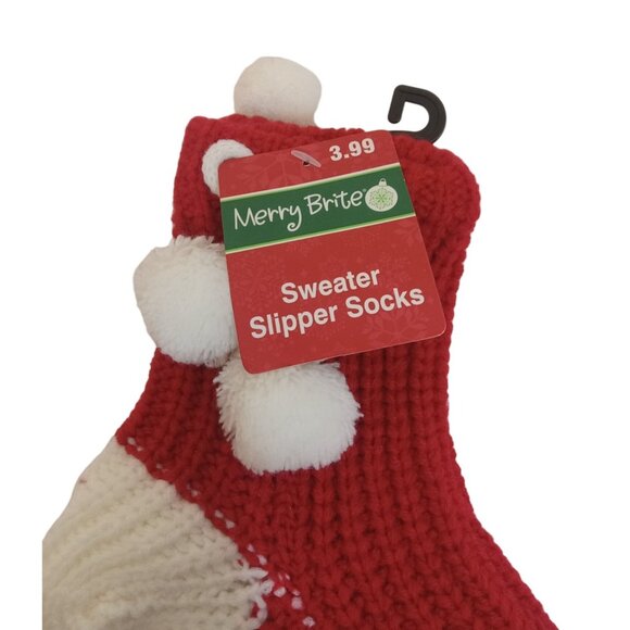 Merry Brite Sweater Slipper Socks Womens Size 9-11 Red White Christmas Knit - Picture 2 of 5